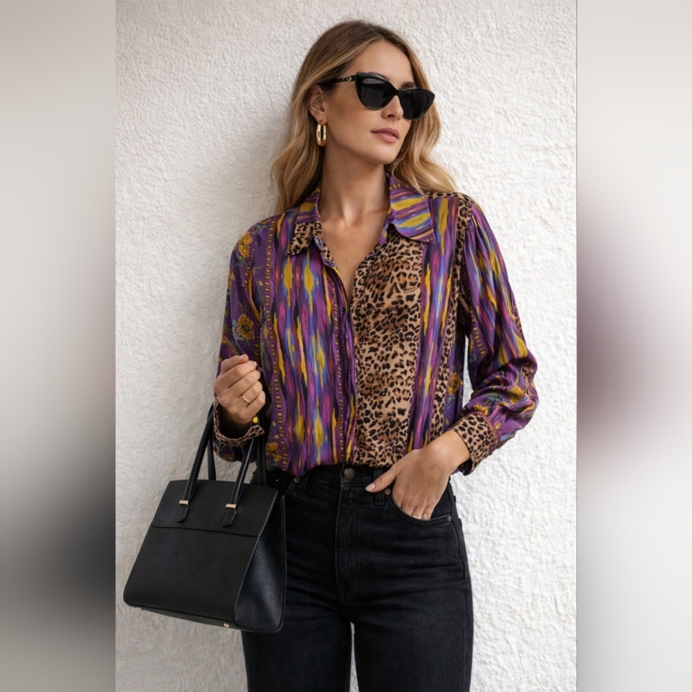 404-Motel Made In Italy Purple and Yellow Patterned Button Down Shirt 💯 Viscose